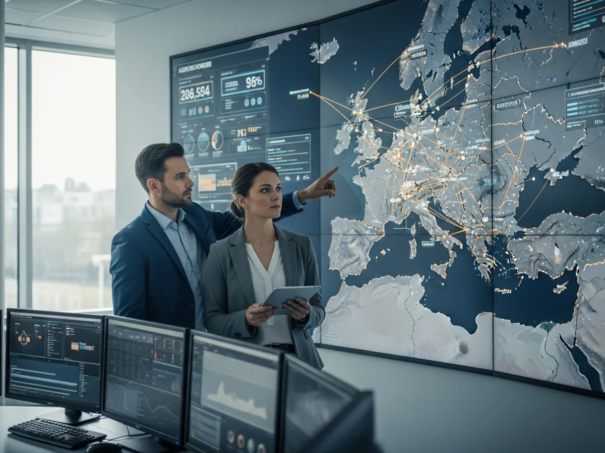 Two professionals in a control room pointing at a large screen showing a map of Europe with glowing routes linking cities, monitors in the foreground.