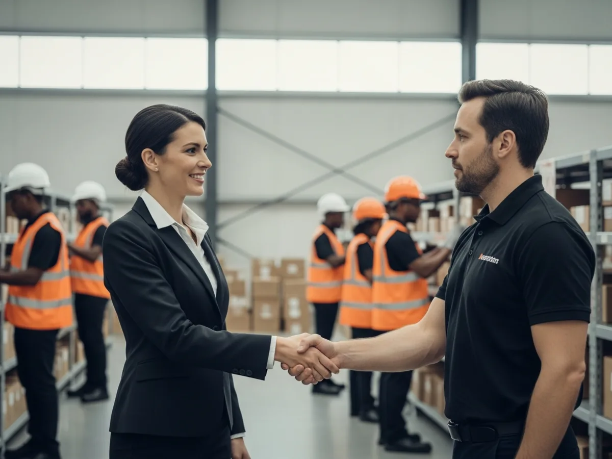 A businesswoman shaking hands with a warehouse manager on a logistics floor, with high-visibility-vested workers and shelving in the background.